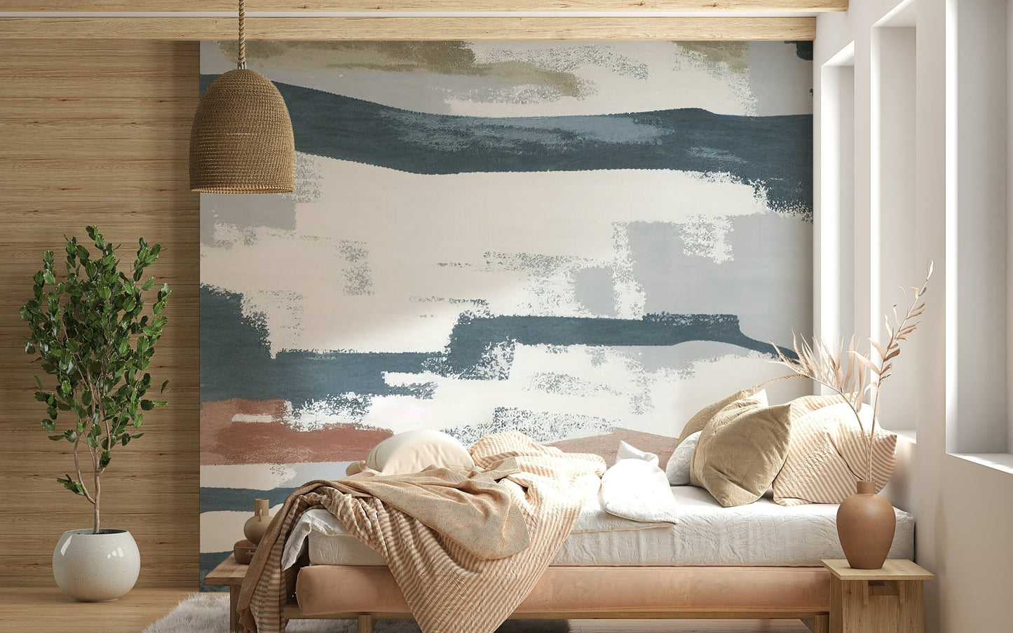 Bedroom abstract teal-gray feature wall mural