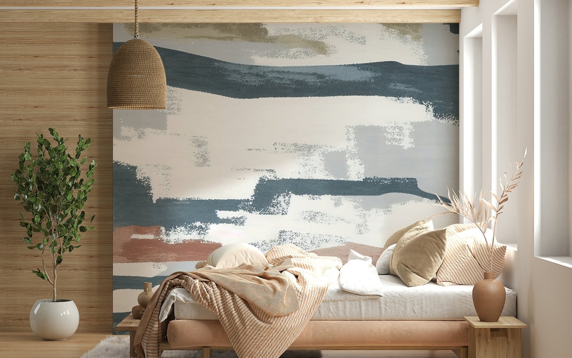 Bedroom abstract teal-gray feature wall mural