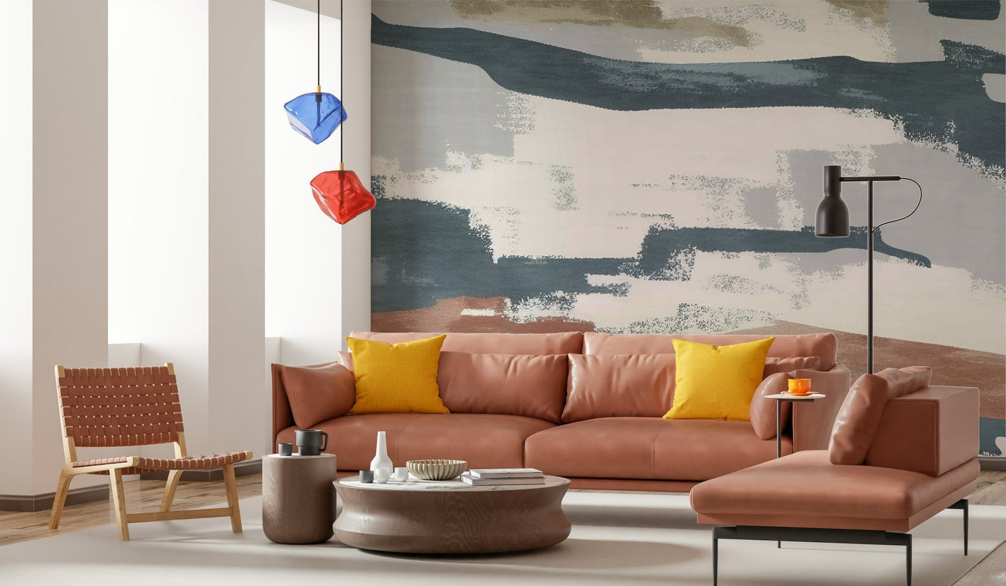 Living room abstract blue-gray accent wall mural
