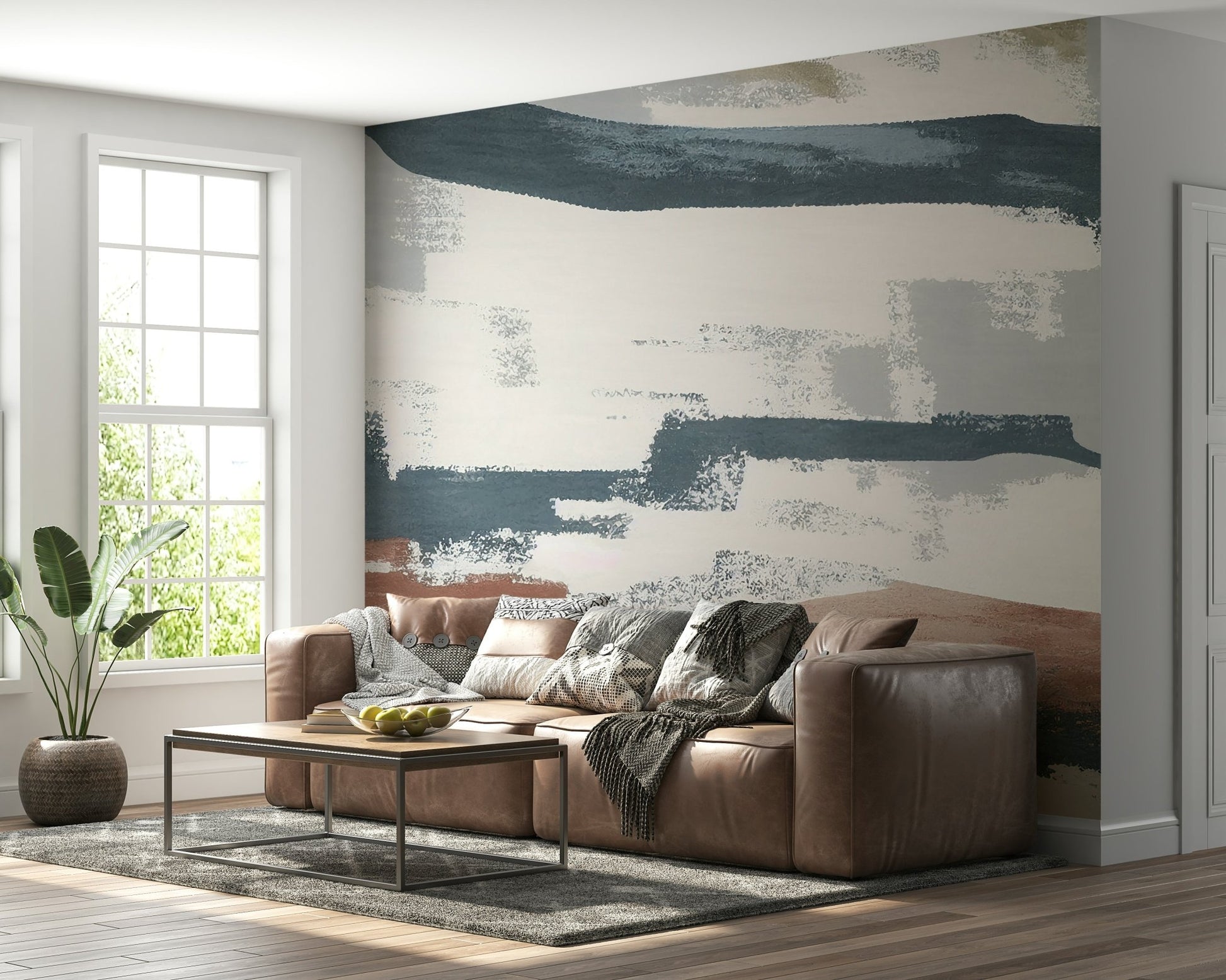 Hallway abstract gray-teal full wall mural