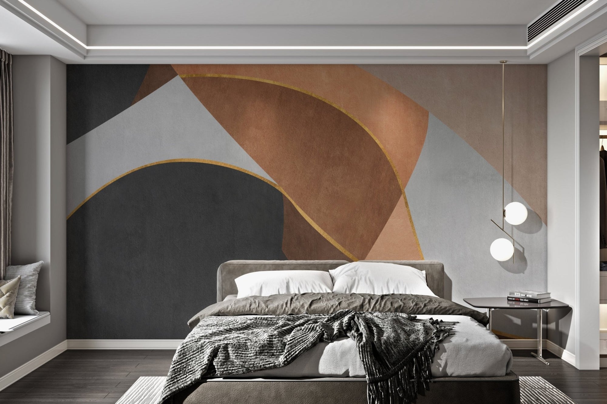 Modern abstract mural with dynamic curve patterns for bedroom walls.