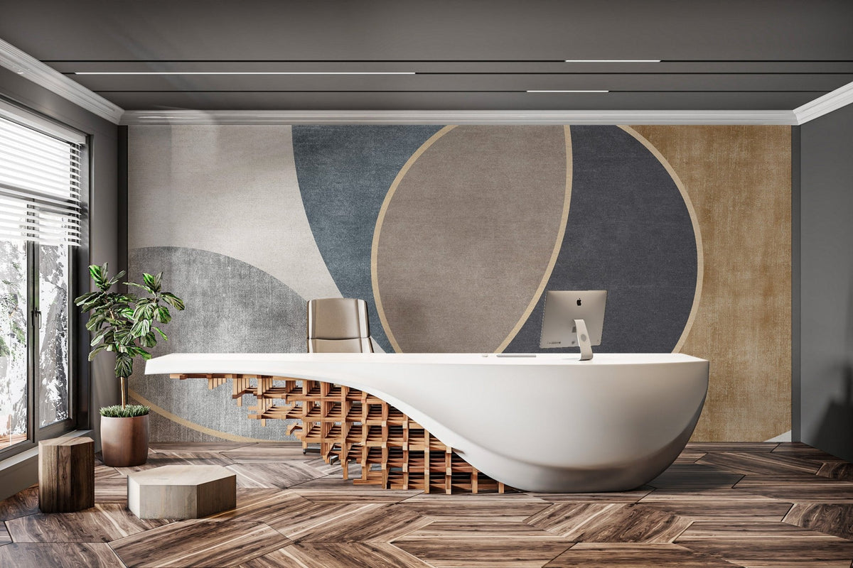 Textured geometric wallpaper featuring tan and charcoal curved shapes.