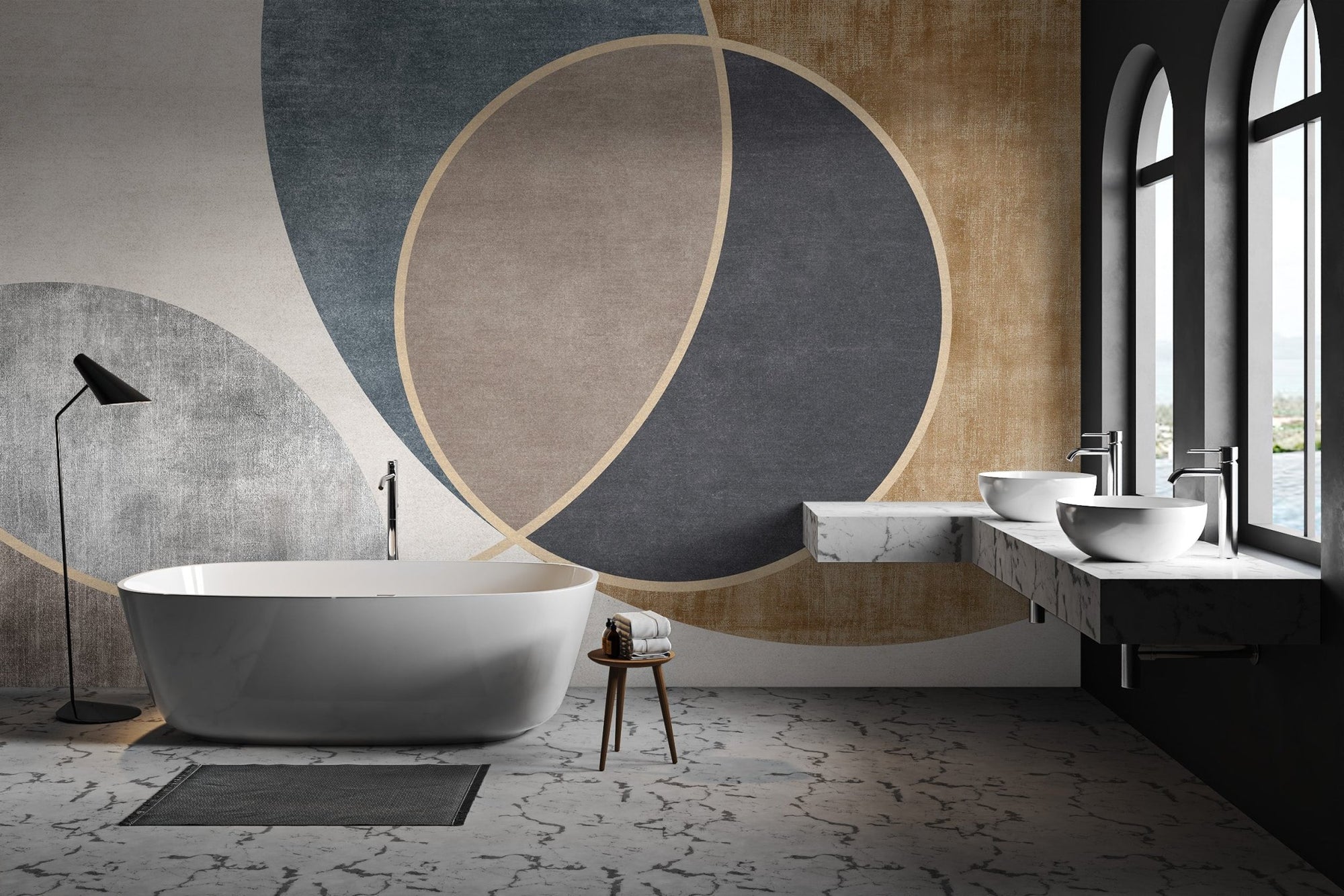 Modern abstract geometric circle wallpaper with overlapping earth tones.