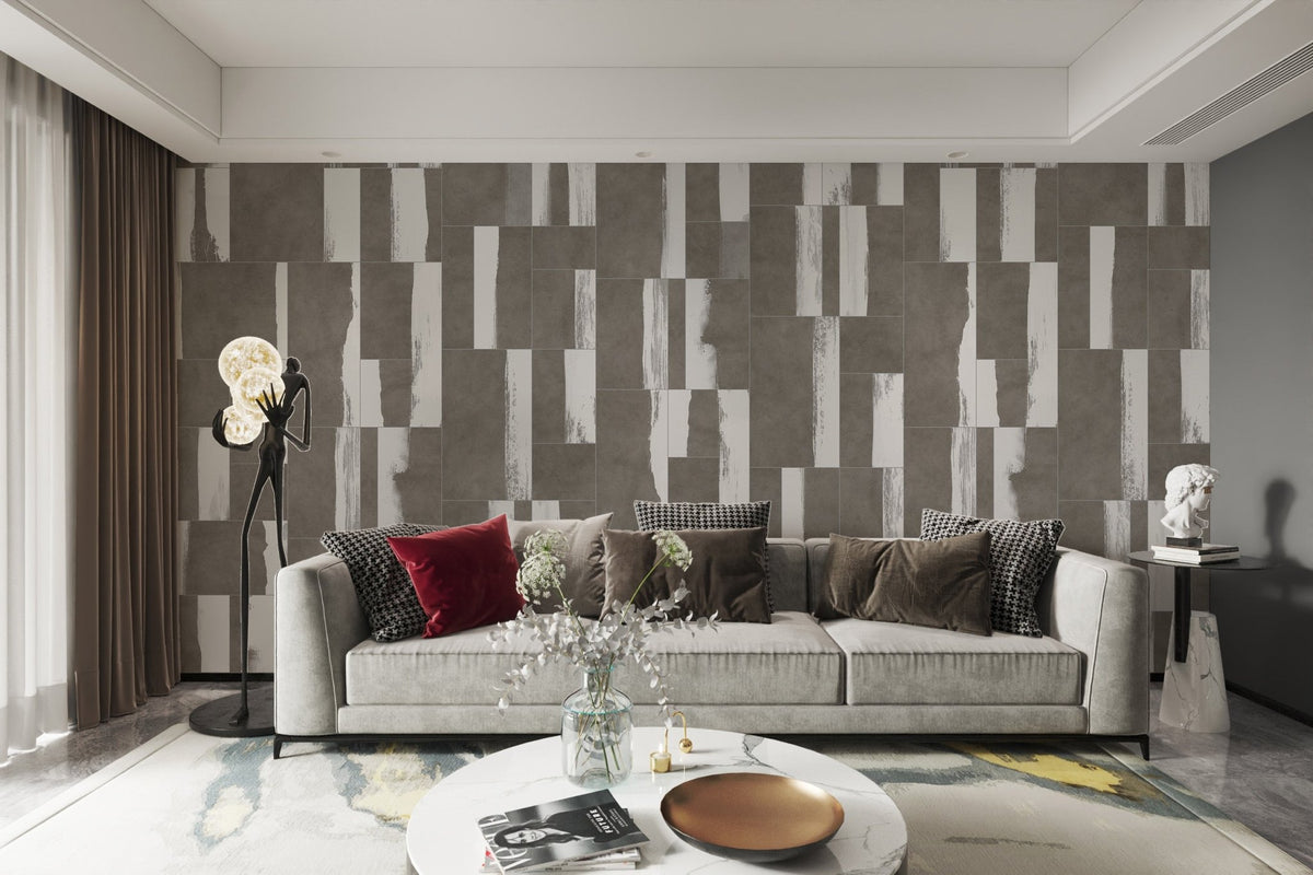 Grey stone effect tile wall mural for minimalist living room interiors.