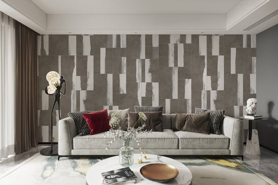 Grey stone effect tile wall mural for minimalist living room interiors.