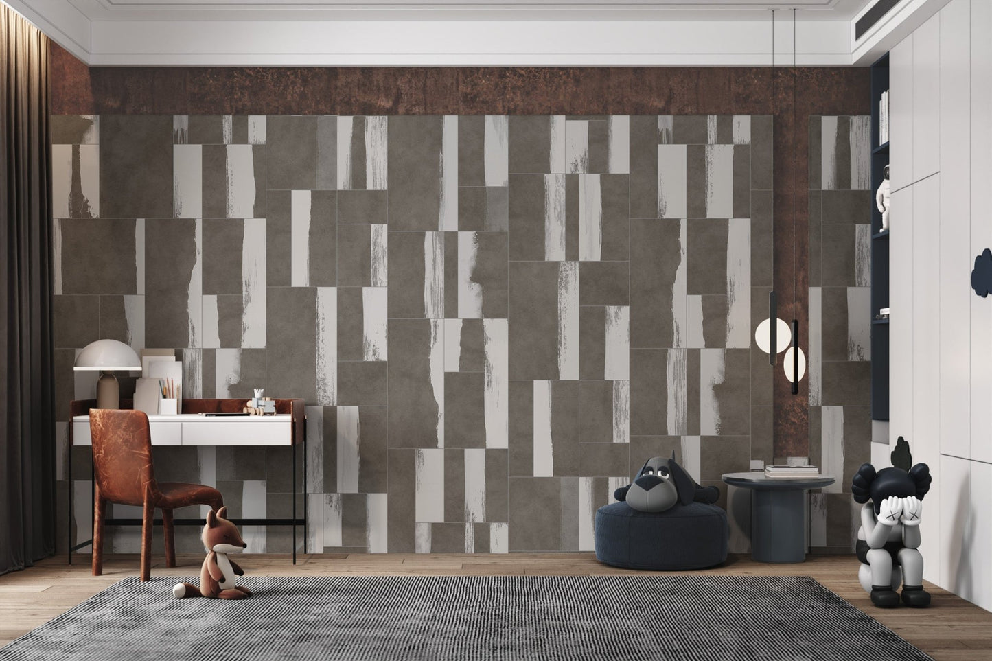 Vertical brushstroke geometric mural for contemporary study room walls.