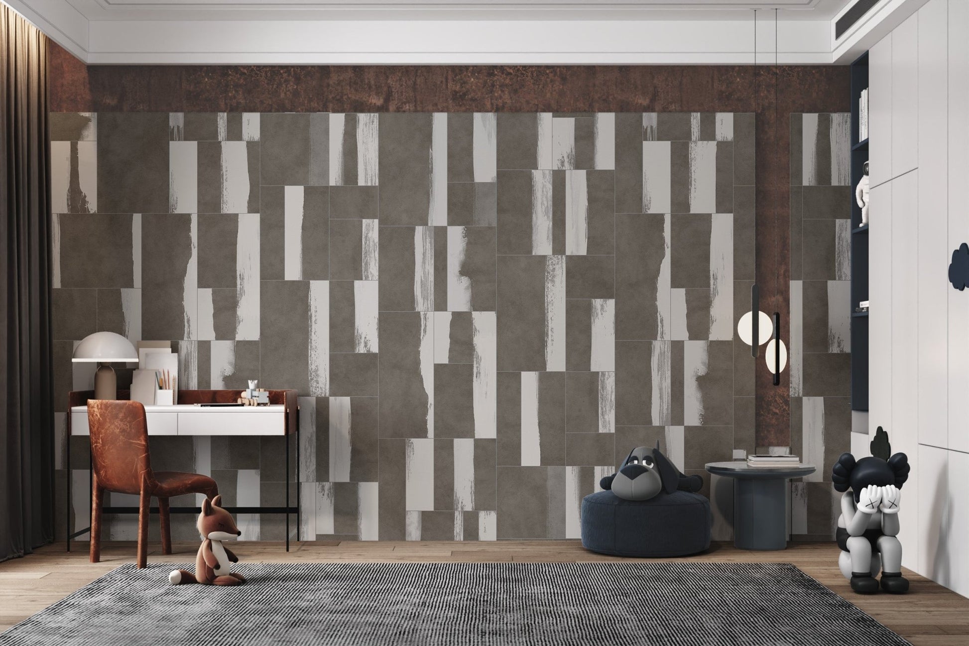 Vertical brushstroke geometric mural for contemporary study room walls.