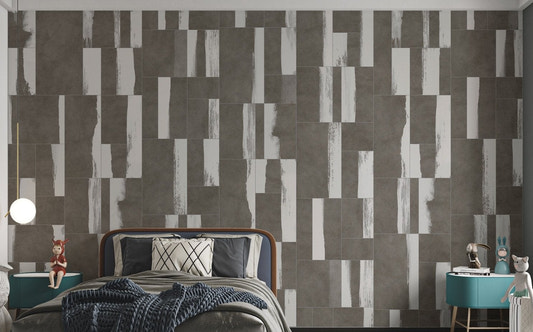 Grey and white geometric tile wall mural for a modern kids bedroom.