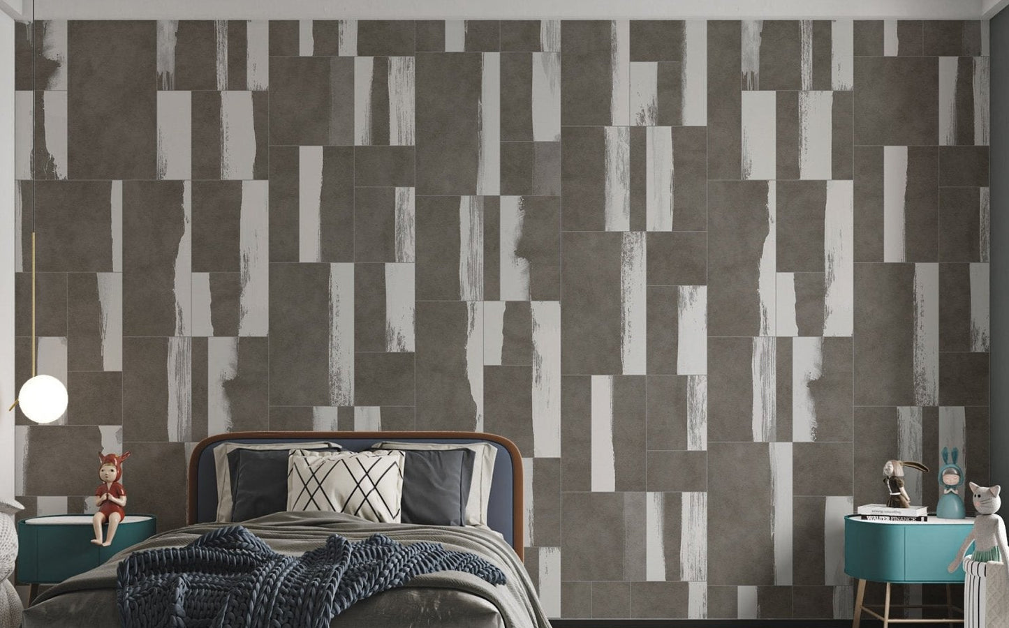 Grey and white geometric tile wall mural for a modern kids bedroom.