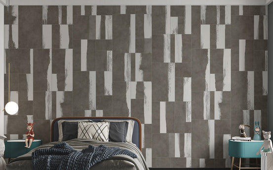 Grey and white geometric tile wall mural for a modern kids bedroom.
