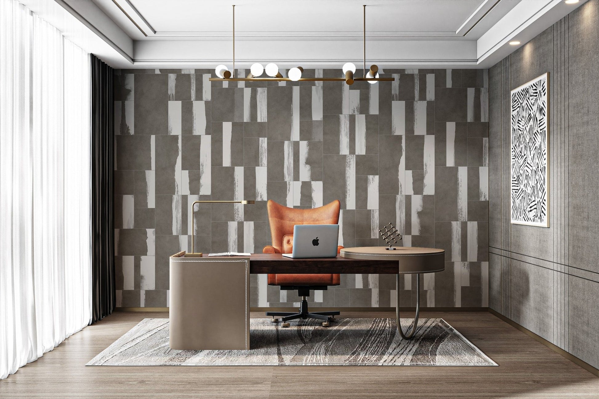 Monochromatic grey and white tile wall mural for bright offce.