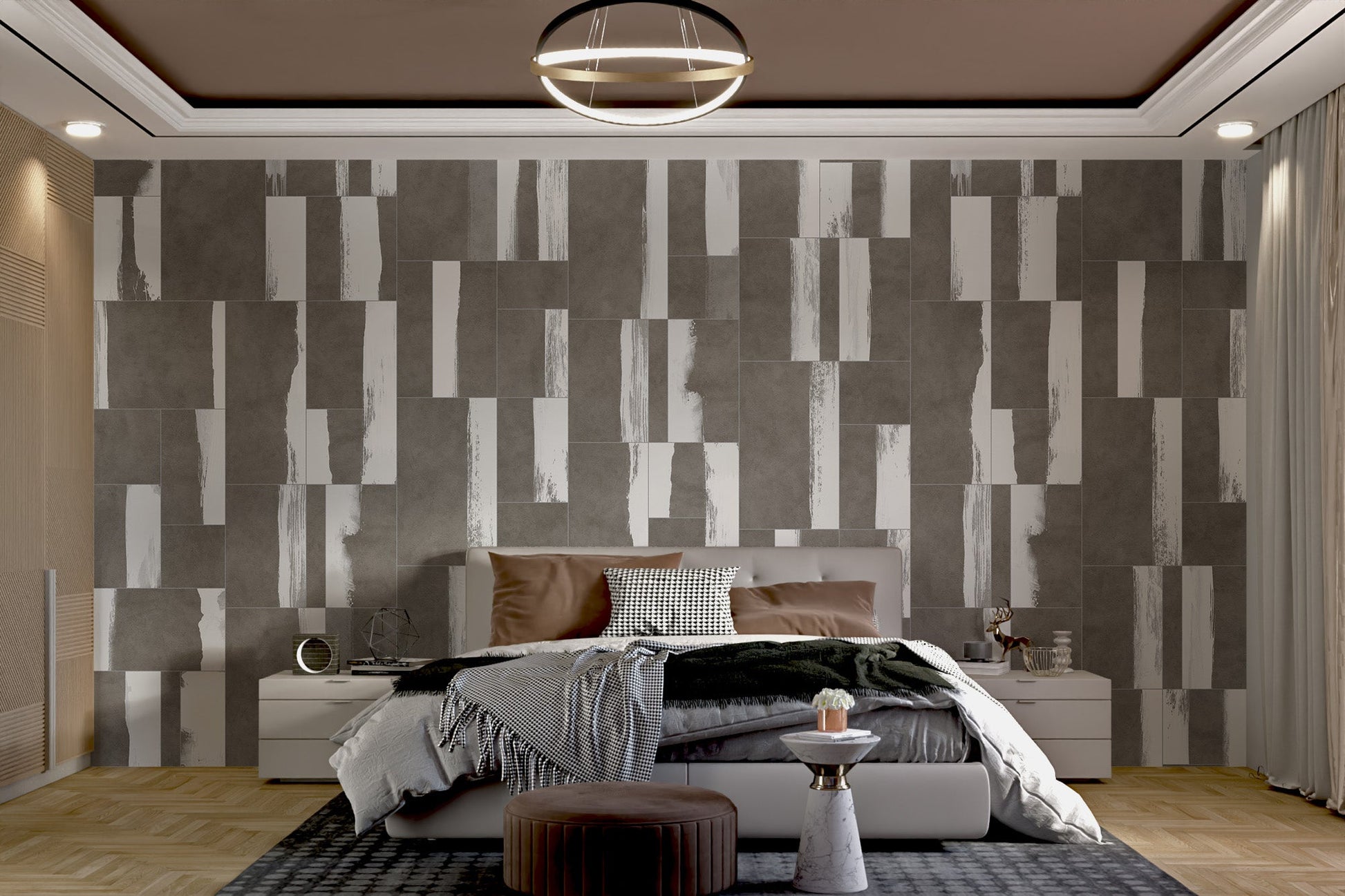 Textured grey tile pattern wall mural with vertical white paint effects.