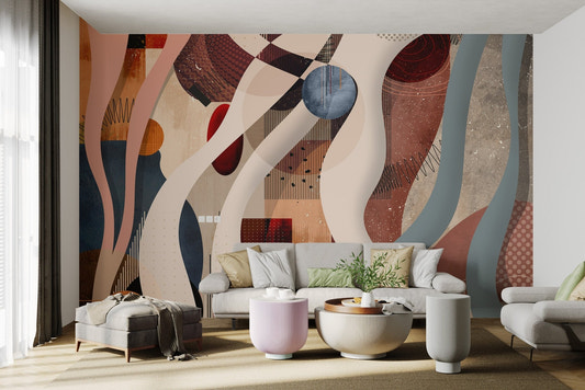 Modern Abstract Geometric Wall mural with earthy terracotta tones and waves.