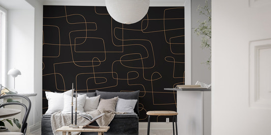 Golden tangled lines on a dark background in this modern abstract line art wallpaper.