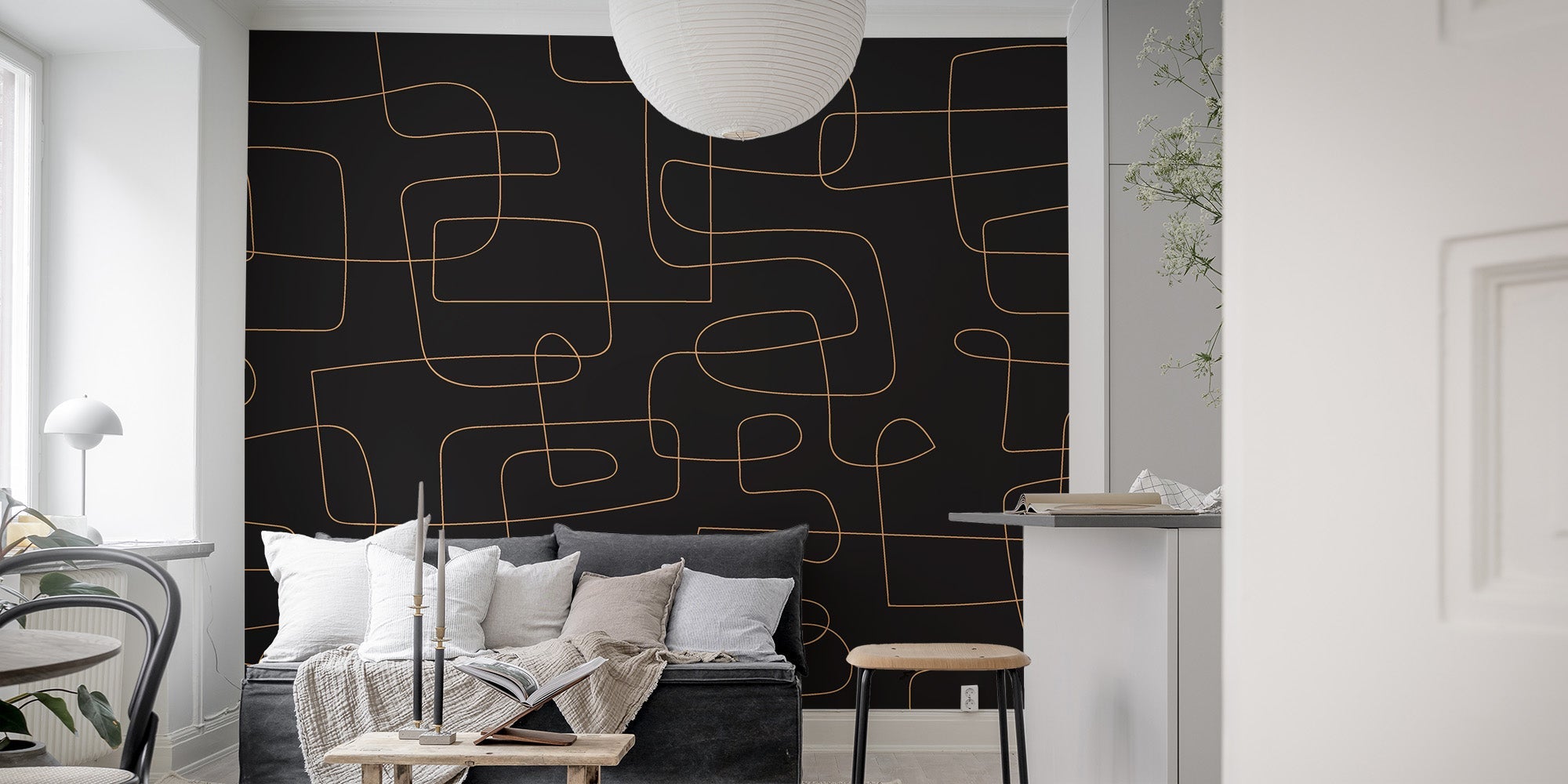 Golden tangled lines on a dark background in this modern abstract line art wallpaper.