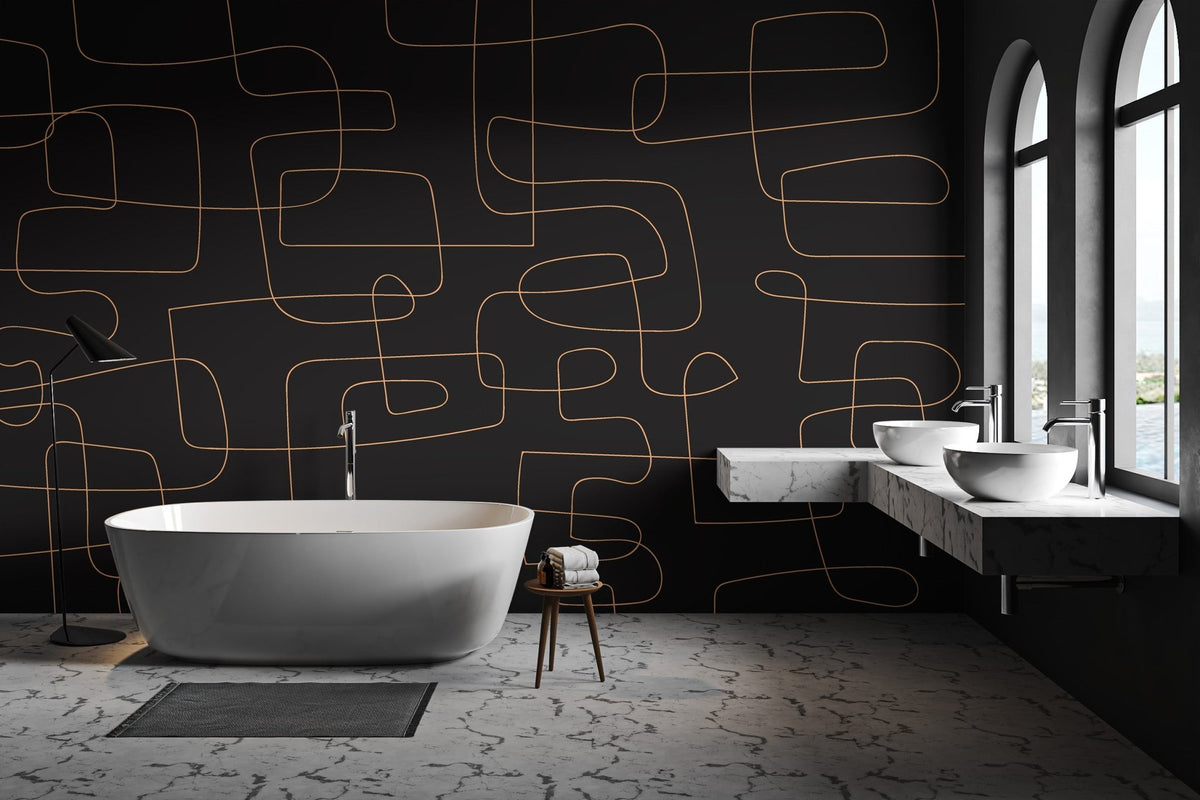 Minimalist line art wall mural featuring continuous copper-toned squiggles on black.