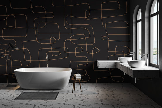 Minimalist line art wall mural featuring continuous copper-toned squiggles on black.