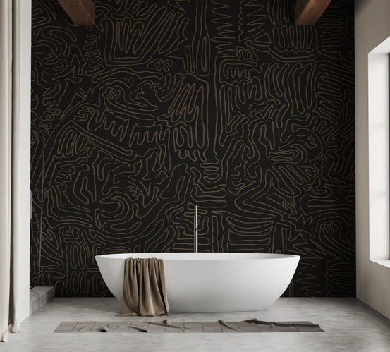 Dark monochrome abstract wallpaper with continuous gold line motifs.