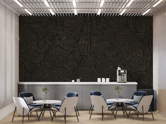Modern abstract lines wall mural with tan linework on black.