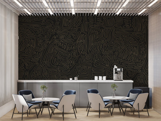 Modern abstract lines wall mural with tan linework on black.