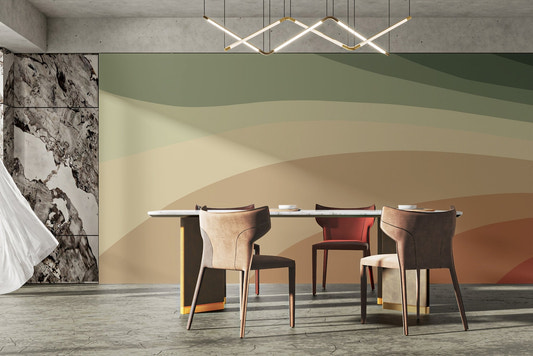 Modern abstract wall mural with earthy green and beige layers.