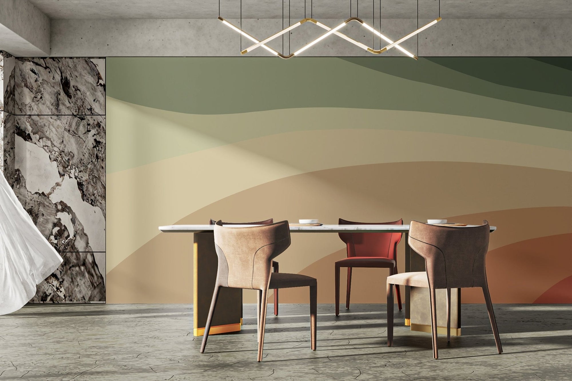 Modern abstract wall mural with earthy green and beige layers.