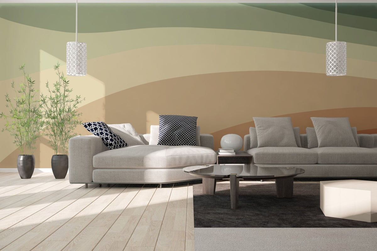 Minimalist wall mural featuring curved terracotta bands.