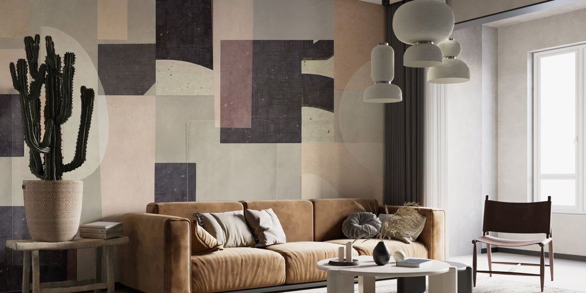 Contemporary artistic wallpaper mural with layered shapes.