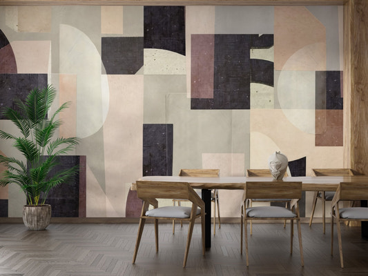 Abstract block wallpaper wall mural with beige and charcoal color.