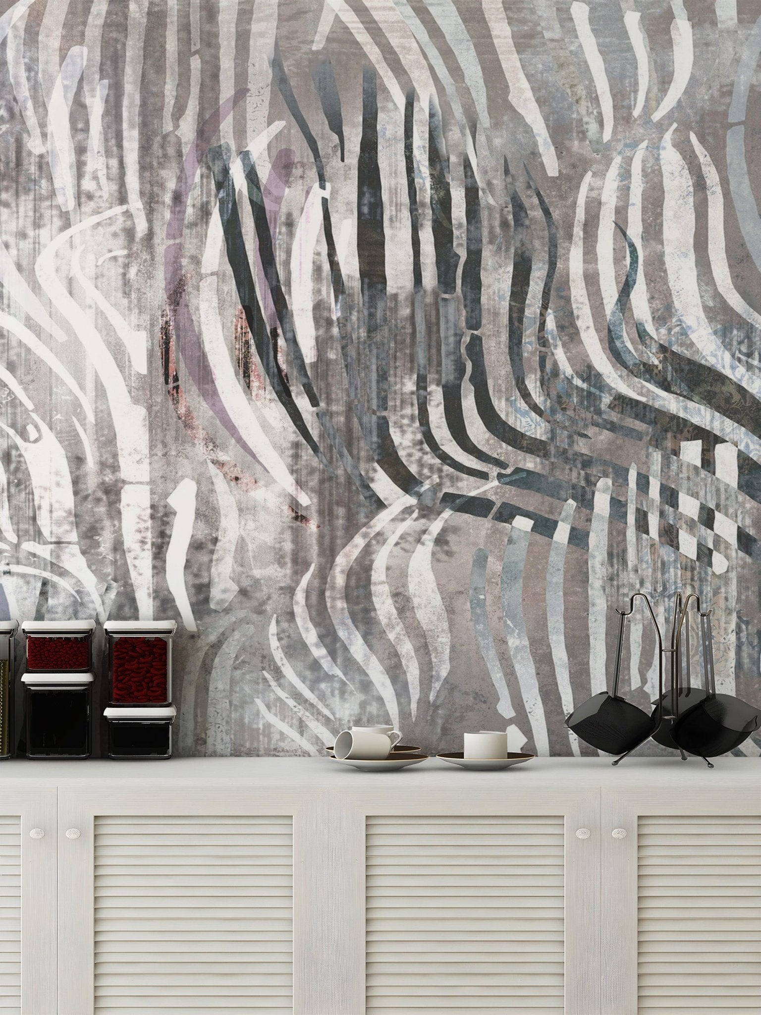 Abstract modern artistic wave wall mural with grey and white lines.