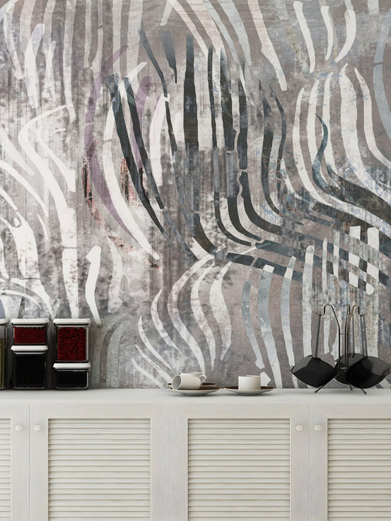 Abstract modern artistic wave wall mural with grey and white lines.