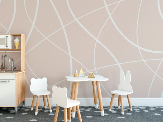 Modern beige abstract wall mural with flowing white lines.