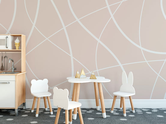 Modern beige abstract wall mural with flowing white lines.