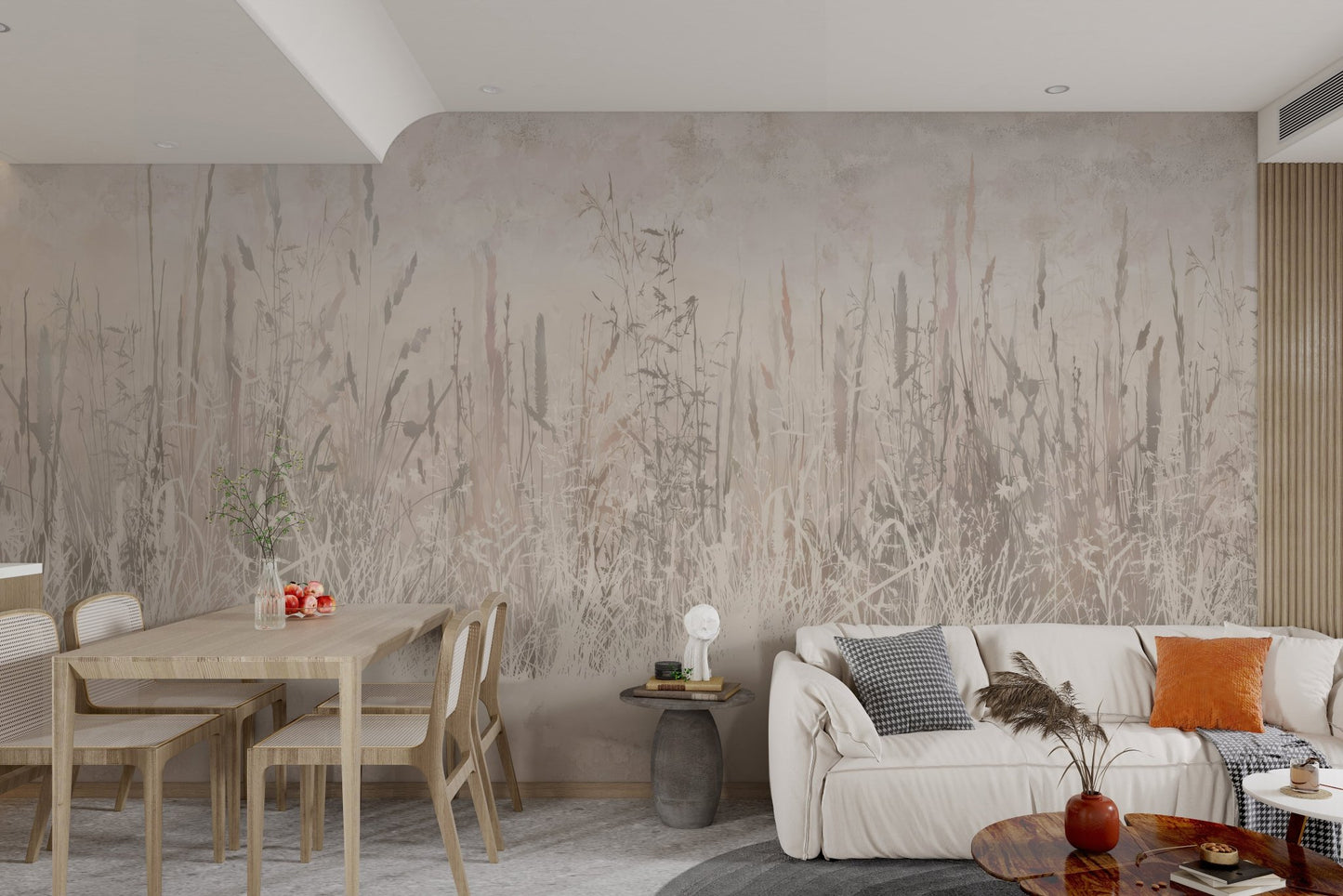 Modern beige farm wall mural with vertical wildflower motifs.