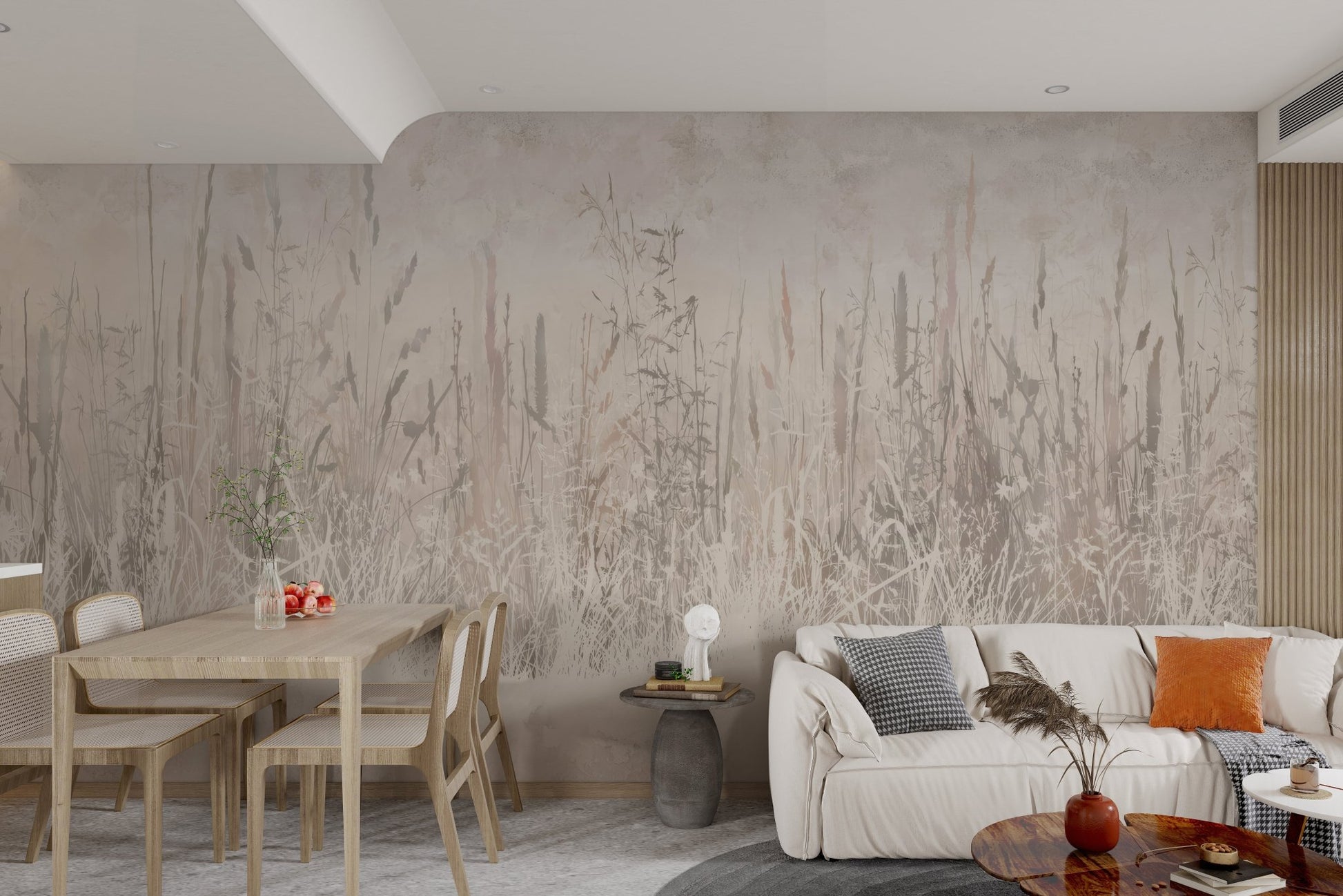 Modern beige farm wall mural with vertical wildflower motifs.