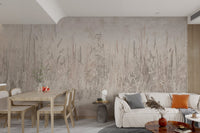 Modern beige farm wall mural with vertical wildflower motifs.