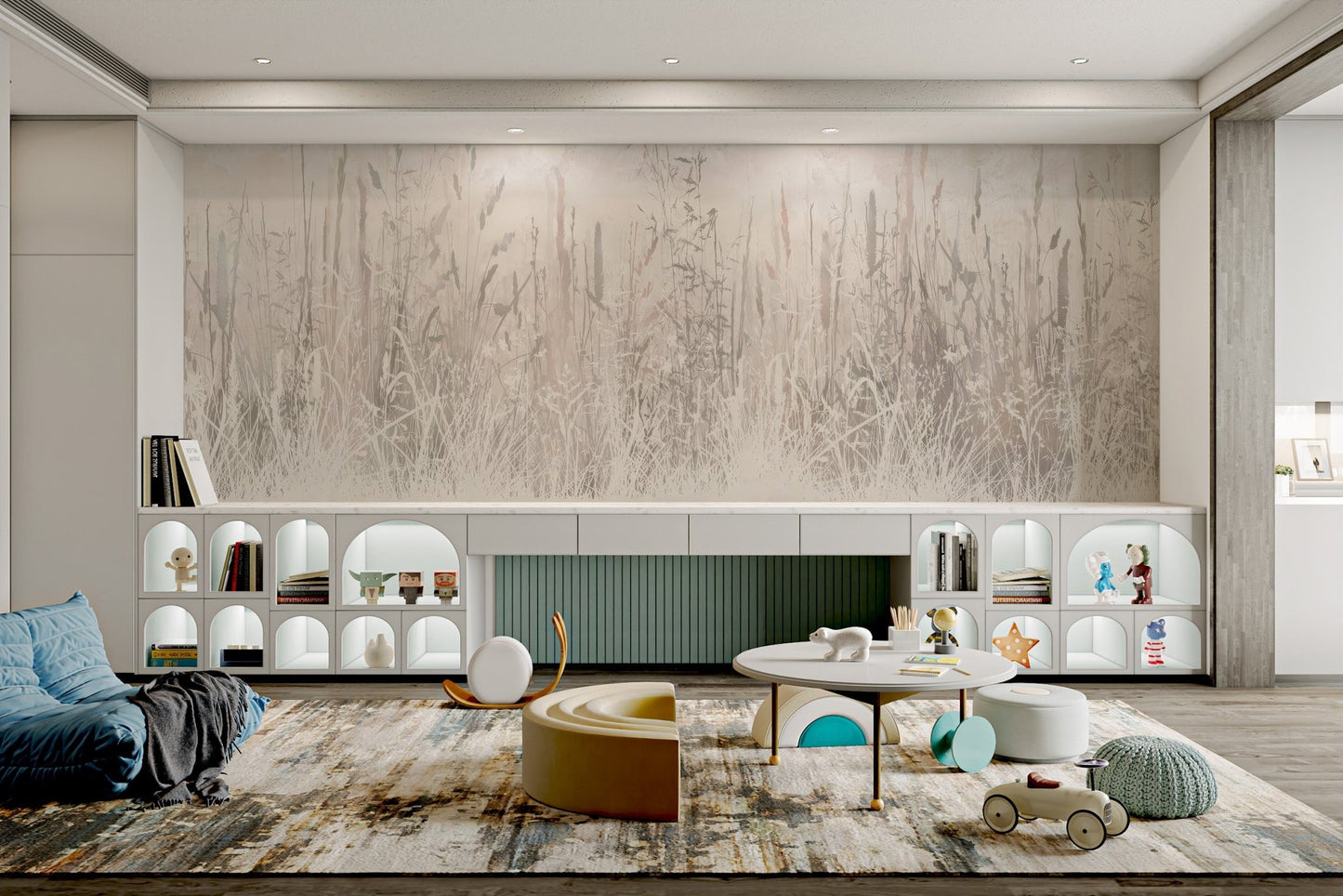 Minimalist mural with wild grass elements in earthy tones for playroom.