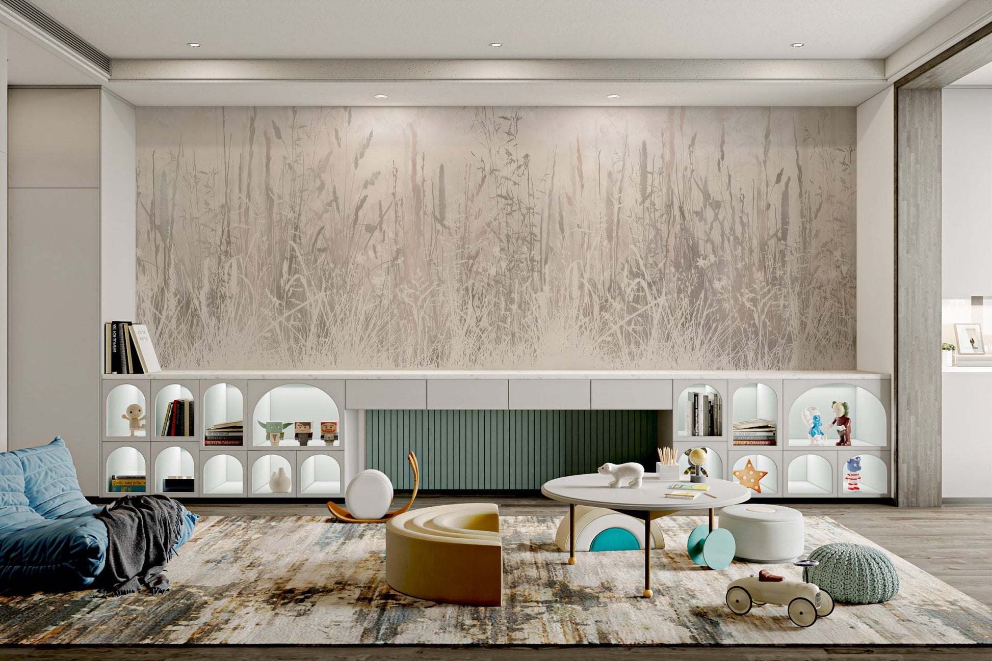 Minimalist mural with wild grass elements in earthy tones for playroom.