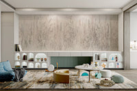 Minimalist mural with wild grass elements in earthy tones for playroom.