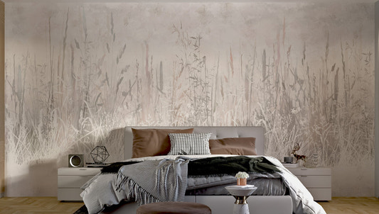 Modern farm-inspired mural with delicate grass blades in bedroom.