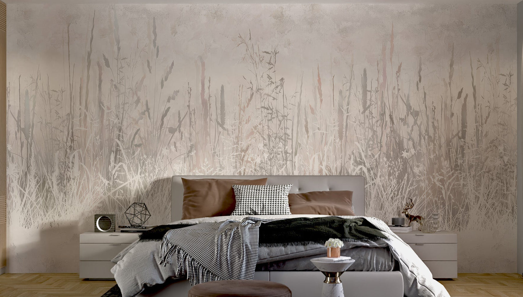 Modern farm-inspired mural with delicate grass blades in bedroom.