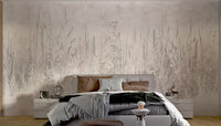 Modern farm-inspired mural with delicate grass blades in bedroom.