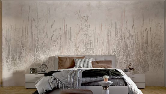Modern farm-inspired mural with delicate grass blades in bedroom.