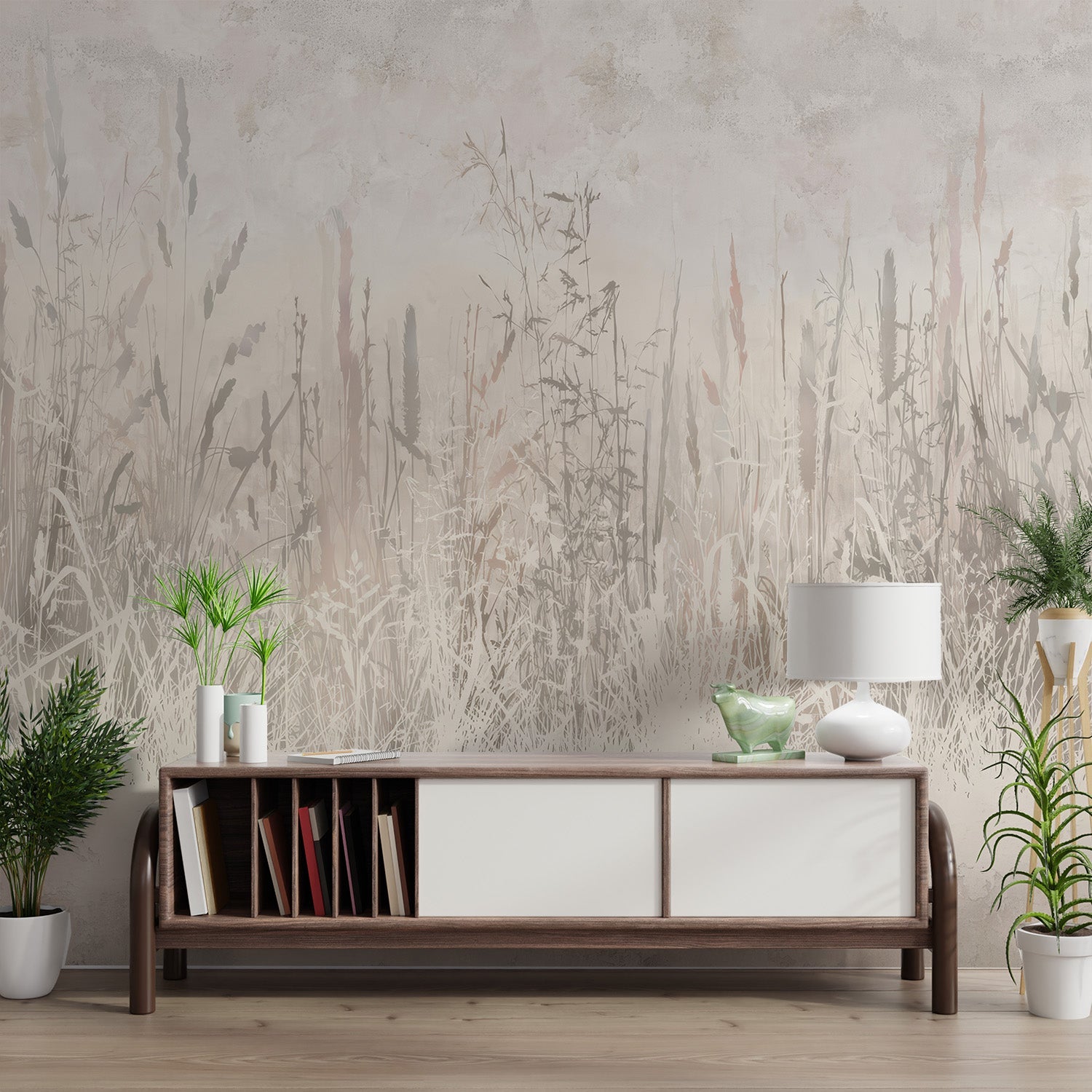 Neutral-toned wall mural featuring soft silhouettes of meadow grasses.
