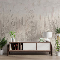 Neutral-toned wall mural featuring soft silhouettes of meadow grasses.