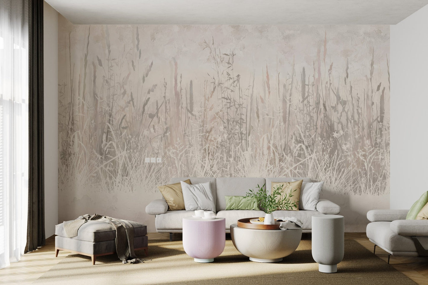 Rustic farm field grass wall mural for an living room interior design.