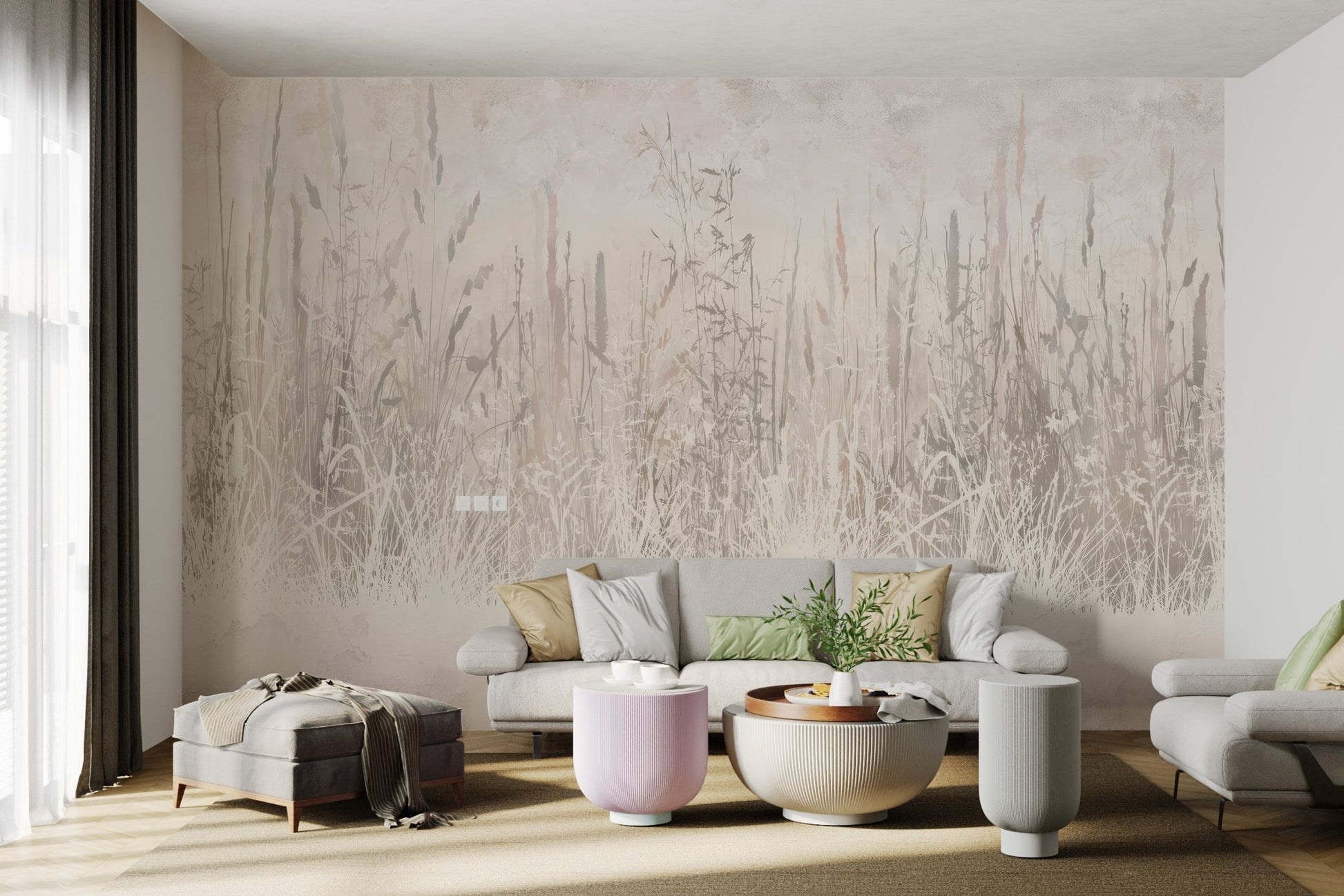 Rustic farm field grass wall mural for an living room interior design.