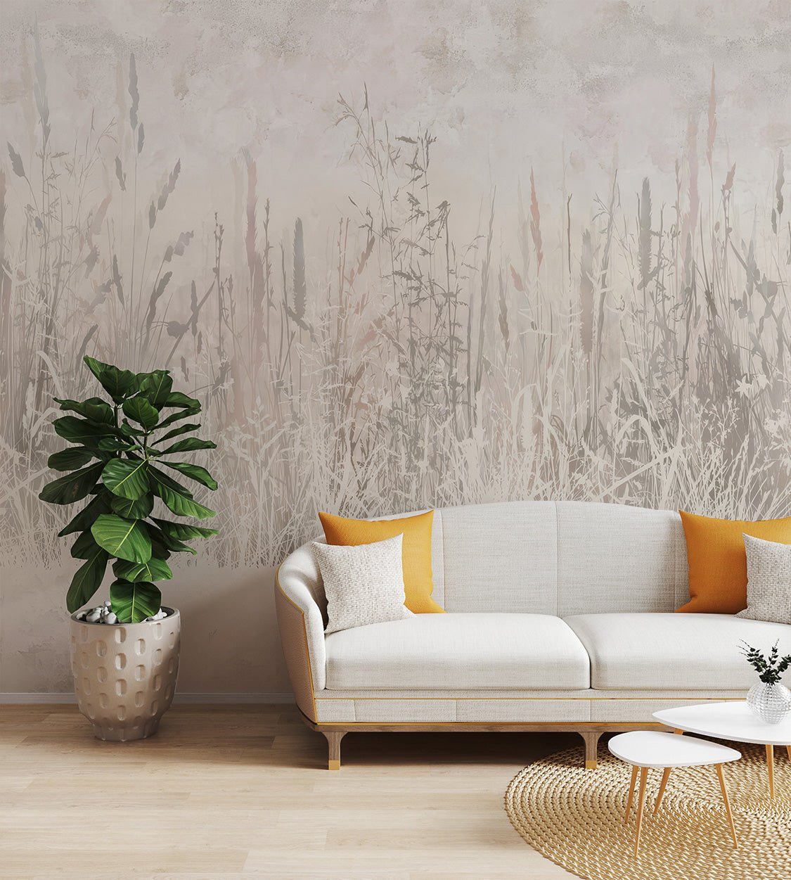 Neutral cream botanical wall mural with hand-drawn meadow plants.