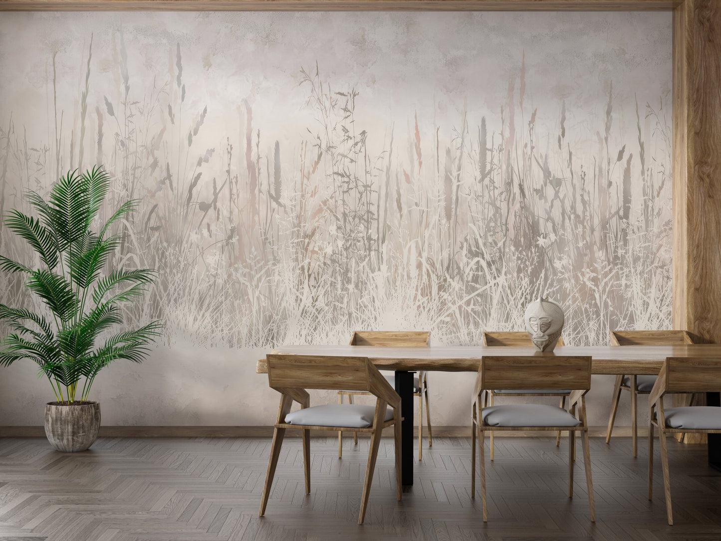 Elegant meadow-inspired mural with delicate grass details in dining room.