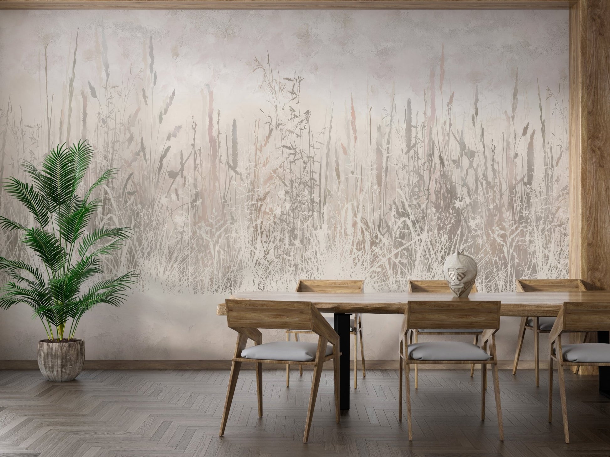 Elegant meadow-inspired mural with delicate grass details in dining room.